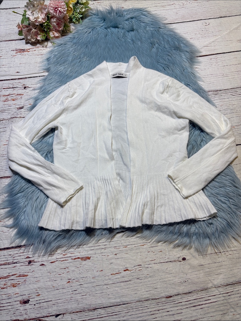 Grace Karin White Open-Front Peplum Cardigan Sweater sz S